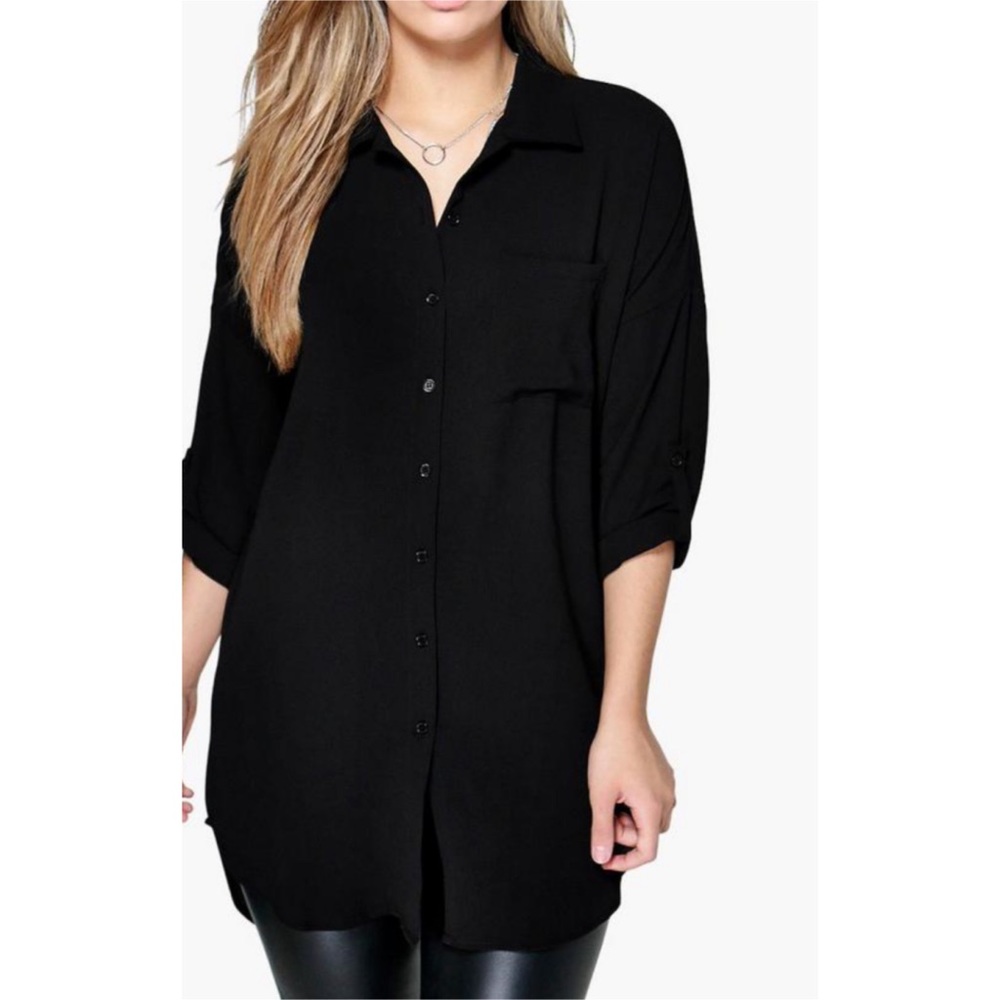 NWOT Oversized longline black button down dress shirt with pocket Size 12 US